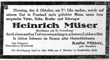 Г.Е.Мюзер. Некролог из газеты "Руль", 18 октября 1925 года